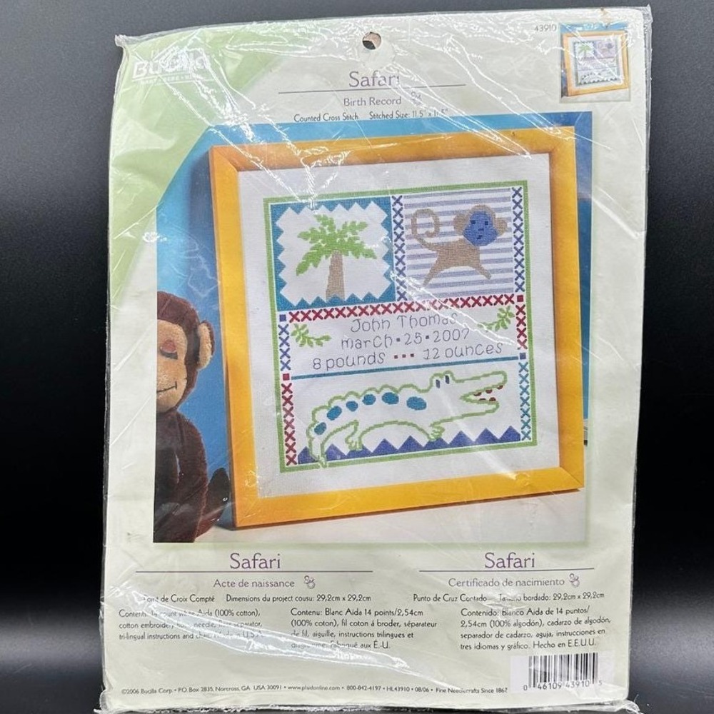 Bucilla Safari Birth Record Cross Stitch Kit Monkey Crocodile Jungle Africa‎